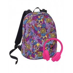 Zaino SEVEN THE DOUBLE -SKULL GIRL - Azzurro Rosa - - cuffie stereo Soft Touch! 2 zaini in 1 REVERSIBILE